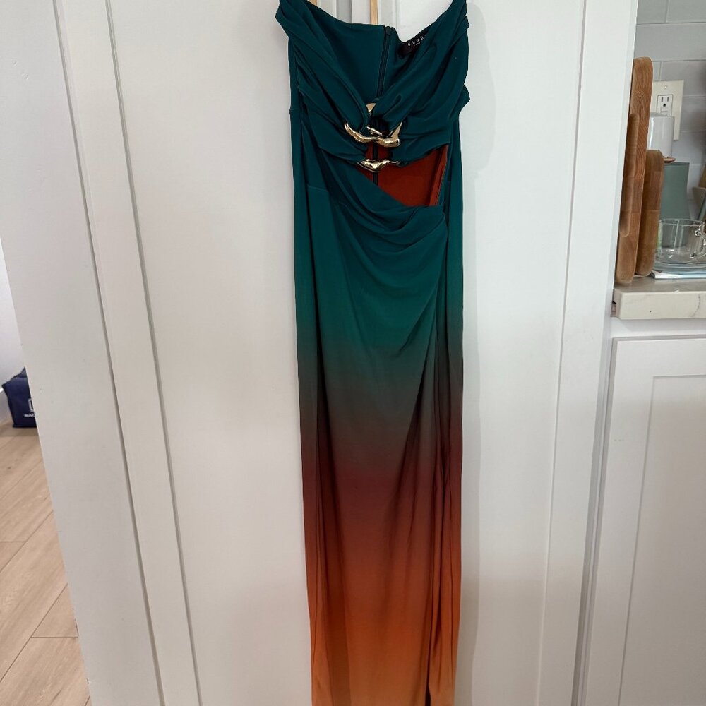 Club L London Laviza Teal Ombre Print Strapless Cut-Out Wrap Maxi Dress